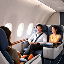 Caribbean Holidays, Aruba Business Class, Business class passengers relaxing in a comfortable aircraft cabin on a flight to Aruba