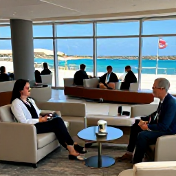 Caribbean Holidays, Aruba Business Class, Business class passengers relaxing in a comfortable airport lounge before a flight to Aruba