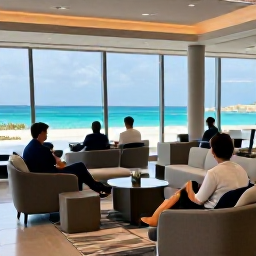 Caribbean Holidays, Aruba Business Class, Business class passengers relaxing in a comfortable airport lounge before an Aruba holiday