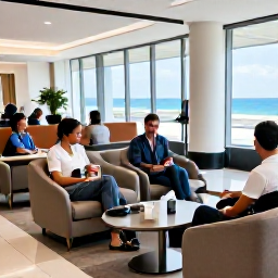 Caribbean Holidays, Aruba Business Class, Business class passengers relaxing in a stylish airport lounge before flying to Aruba