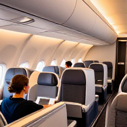 Caribbean Holidays, Aruba Business Class, Business class seats on a modern aircraft, warm cabin lighting, relaxed travellers beginning a Caribbean holiday