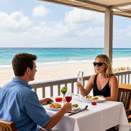 Caribbean Holidays, Aruba Business Class, Business class traveller enjoying a relaxed dinner at an outdoor restaurant in Aruba after a day at the beach