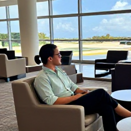 Caribbean Holidays, Aruba Business Class, Business class traveller relaxing in a comfortable airport lounge before a flight to Aruba