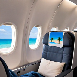 Caribbean Holidays, Aruba Business Class, Business class traveller relaxing in a premium airline cabin on a flight to Aruba, comfortable seat, soft lighting and tropical destination mood