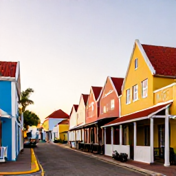 Caribbean Holidays, Aruba Business Class, Colourful Oranjestad street in Aruba with Dutch colonial buildings, local shops and caf&eacute;s in warm daylight