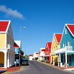 Caribbean Holidays, Aruba Business Class, Colourful Oranjestad street in Aruba with Dutch colonial buildings, shops, caf&eacute;s and a sunny blue sky