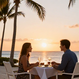 Caribbean Holidays, Aruba Business Class, Couple enjoying a sunset dinner beside the sea in Aruba with palm trees and warm evening light