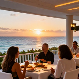 Caribbean Holidays, Aruba Business Class, Elegant Aruba beachfront restaurant at sunset with diners enjoying Caribbean food and ocean views