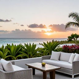 Caribbean Holidays, Aruba Business Class, Elegant Aruba hotel terrace at sunset with comfortable seating, tropical plants and a view over the Caribbean Sea