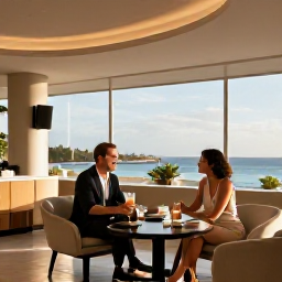 Caribbean Holidays, Aruba Business Class, Elegant Aruba resort lounge with business class holiday couple enjoying a quiet drink, modern Caribbean decor and warm evening light