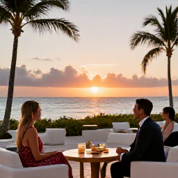 Caribbean Holidays, Aruba Business Class, Elegant beachfront Aruba hotel at sunset with guests enjoying a relaxed evening after arriving in business class