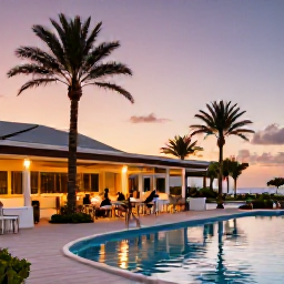 Caribbean Holidays, Aruba Business Class, Elegant beachfront resort in Aruba at sunset, palm trees, outdoor dining and guests relaxing beside a pool