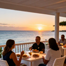Caribbean Holidays, Aruba Business Class, Elegant beachfront restaurant in Aruba at sunset, with diners enjoying Caribbean food and a calm sea view