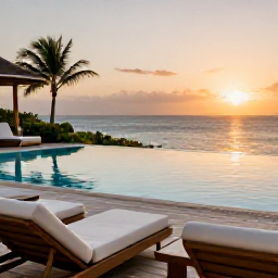 Caribbean Holidays, Aruba Business Class, Luxury Aruba resort pool overlooking the sea at sunset, comfortable loungers and an inviting business-class holiday atmosphere