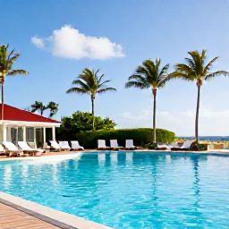 Caribbean Holidays, Aruba Business Class, Luxury resort pool in Aruba with palm trees, comfortable loungers and clear tropical afternoon light