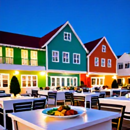 Caribbean Holidays, Aruba Business Class, Outdoor dining terrace in Oranjestad, Aruba, with colourful buildings, local dishes and evening lights