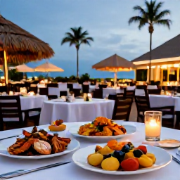 Caribbean Holidays, Aruba Business Class, Outdoor restaurant in Oranjestad, Aruba, serving fresh seafood and colourful Caribbean dishes in the evening