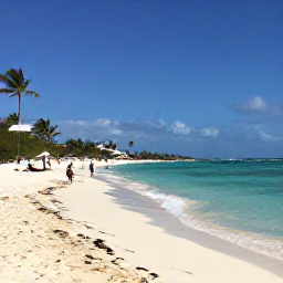 Caribbean Holidays, Aruba Business Class, Palm-fringed Aruban beach in August with calm turquoise water, white sand, bright sky and a few relaxed holidaymakers