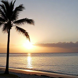 Caribbean Holidays, Aruba Business Class, Palm-fringed Eagle Beach in Aruba at sunset with calm sea and December sunshine