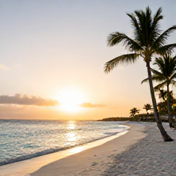 Caribbean Holidays, Aruba Business Class, Sunset over Eagle Beach in Aruba with white sand, calm turquoise water and palm trees beside a peaceful luxury holiday setting