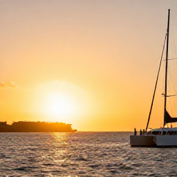 Caribbean Holidays, Aruba Business Class, Traveller enjoying a sunset catamaran cruise off Aruba, golden sky, calm Caribbean water and the island coastline in the distance