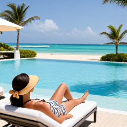 Caribbean Holidays, Aruba Business Class, Traveller relaxing in an elegant Aruba resort overlooking a turquoise sea, with a palm-lined pool and bright Caribbean sunshine