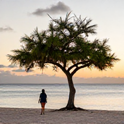 Caribbean Holidays, Aruba Business Class, Traveller walking along Eagle Beach in Aruba at sunset, with calm water and distinctive fofoti trees