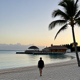 Caribbean Holidays, Aruba Business Class, Traveller walking along Palm Beach in Aruba at sunset, with calm sea, restaurants and palm trees