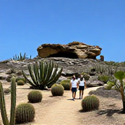 Caribbean Holidays, Aruba Business Class, Travellers exploring Arikok National Park in Aruba, rugged desert landscape, cacti, natural rock formations and clear blue sky