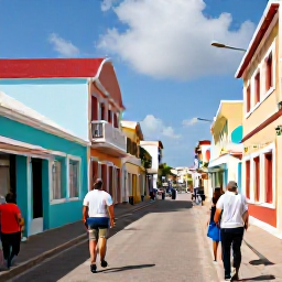 Caribbean Holidays, Aruba Business Class, Travellers exploring colourful Oranjestad streets and enjoying Aruba's local food and island atmosphere