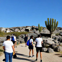 Caribbean Holidays, Aruba Business Class, Visitors exploring Arikok National Park in Aruba, with rugged landscape, cactus and a clear blue sky