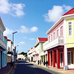 Caribbean Holidays, Aruba Business Class, Visitors exploring colourful Oranjestad streets, historic buildings and local shops in Aruba