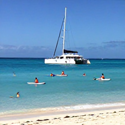 Caribbean Holidays, Aruba Business Class, Visitors swimming and paddleboarding in clear turquoise water beside a sandy Aruba beach, with a catamaran offshore