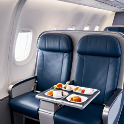 Caribbean Holidays, Aruba Business Class, Wide business class aircraft seat with generous legroom and a neatly served meal during a flight to Aruba