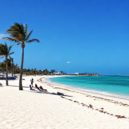 Caribbean Holidays, Aruba Business Class, Wide sandy beach and turquoise sea in Aruba during a bright April day, with palm trees and relaxed holidaymakers