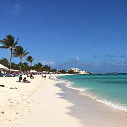 Caribbean Holidays, Aruba Business Class, Wide sandy beach and turquoise sea in Aruba on a bright July day, with palm trees and relaxed visitors