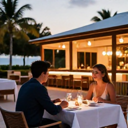 Caribbean Holidays, Aruba Couples Holidays, A couple enjoying an outdoor dinner at a stylish restaurant in Aruba, with warm evening light and tropical surroundings