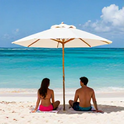 Caribbean Holidays, Aruba Couples Holidays, A couple relaxing on a quiet Aruban beach beneath a parasol, with bright blue water and a gentle breeze