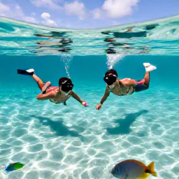 Caribbean Holidays, Aruba Couples Holidays, A couple snorkelling over clear shallow water with colourful fish near a tropical reef off the coast of Aruba