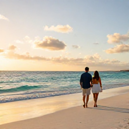 Caribbean Holidays, Aruba Couples Holidays, A couple walking along a calm white-sand beach in Aruba at sunset, warm October light and turquoise Caribbean Sea