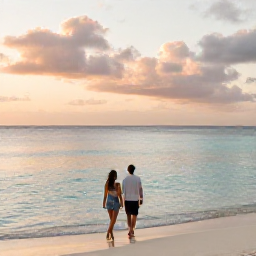 Caribbean Holidays, Aruba Couples Holidays, A couple walking barefoot beside a calm turquoise sea at sunset on Eagle Beach, Aruba