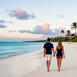Caribbean Holidays, Aruba Couples Holidays, A couple walking hand in hand along a calm white-sand beach in Aruba at sunset, with turquoise sea and palm trees
