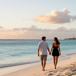 Caribbean Holidays, Aruba Couples Holidays, A couple walking hand in hand along Eagle Beach in Aruba at sunset, soft golden light, calm turquoise sea