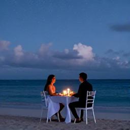 Caribbean Holidays, Aruba Couples Holidays, A romantic candlelit dinner for two on a sandy Aruba beach beneath a star-filled evening sky