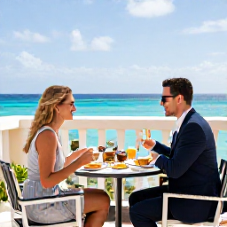 Caribbean Holidays, Aruba Couples Holidays, An elegant couple sharing a quiet breakfast on a sunny hotel terrace overlooking the Caribbean Sea in Aruba