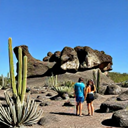 Caribbean Holidays, Aruba Couples Holidays, Couple exploring Arikok National Park in Aruba, rugged desert landscape, cacti, natural rock formations and bright blue sky