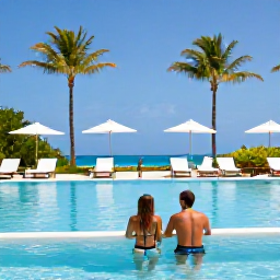 Caribbean Holidays, Aruba Couples Holidays, Couple relaxing beside an elegant Aruba resort pool with palms, loungers and bright blue sky