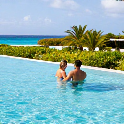Caribbean Holidays, Aruba Couples Holidays, Couple relaxing beside an infinity pool at an Aruba resort, tropical gardens and blue sea in the background