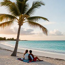 Caribbean Holidays, Aruba Couples Holidays, Couple relaxing on a quiet Aruba beach with palm trees, clear turquoise water and soft afternoon sunshine