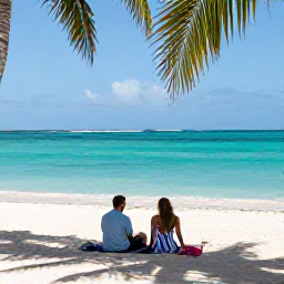 Caribbean Holidays, Aruba Couples Holidays, Couple relaxing on a quiet white-sand beach in Aruba, turquoise Caribbean water, shaded palms and a peaceful atmosphere